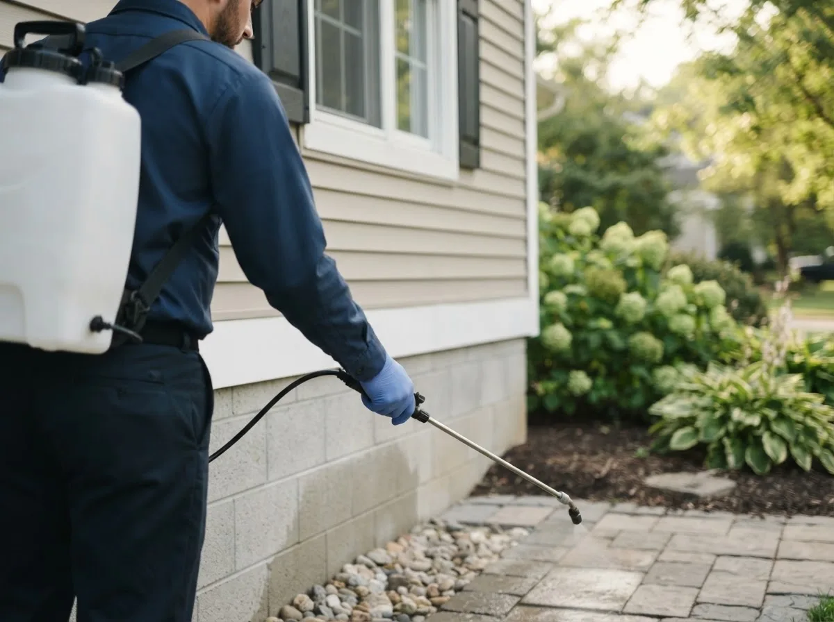 Pest control technician inspecting a home in Keithsburg, IL